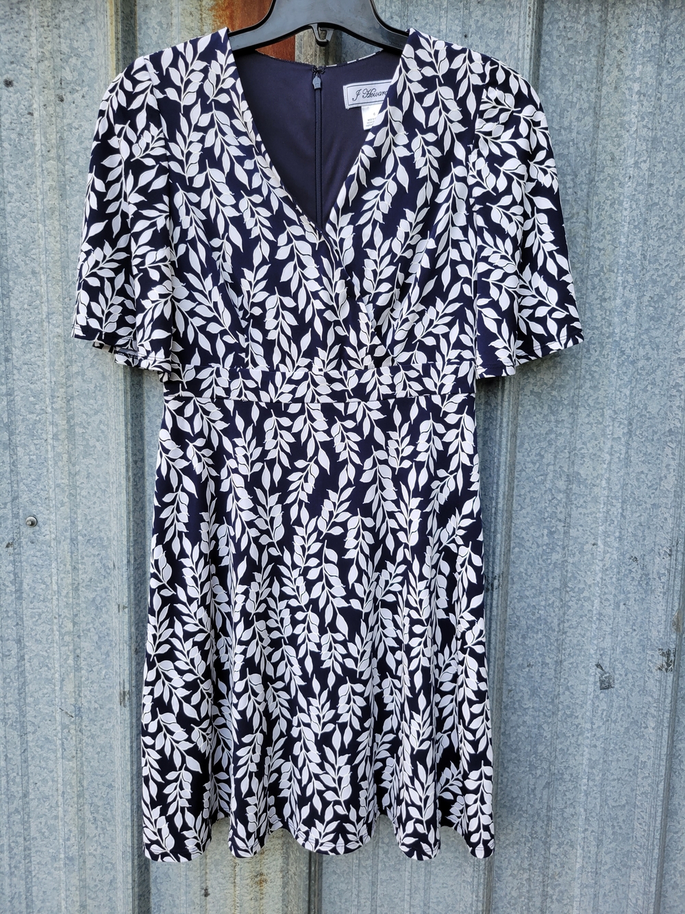 J. Howard Navy and White Leaf-Print Midi Dress